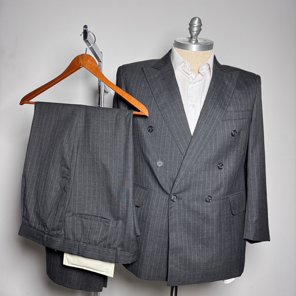 Custom Tailored Suit Mens 44S W38 Charcoal Grey Pinstripe Double Breasted Peak